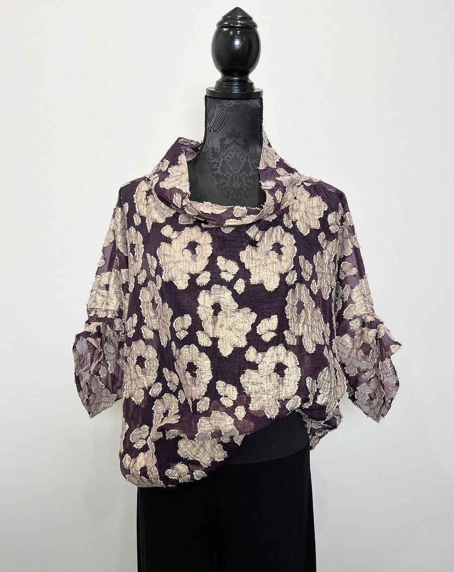 gold plum floral organza top ladies top feature sleeve ladies apparel stylish clothing handmade in melbourne classy elegant clothing timeless pieces timeless clothing classic style unique clothing unique style ageless style luxe fabrics statement clothing statement style evening style clothing womens clothing made in australia eloise the label