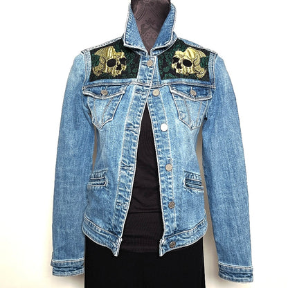 Upcycled denim jacket skulls and roses sustainable fashion made in melbourne 