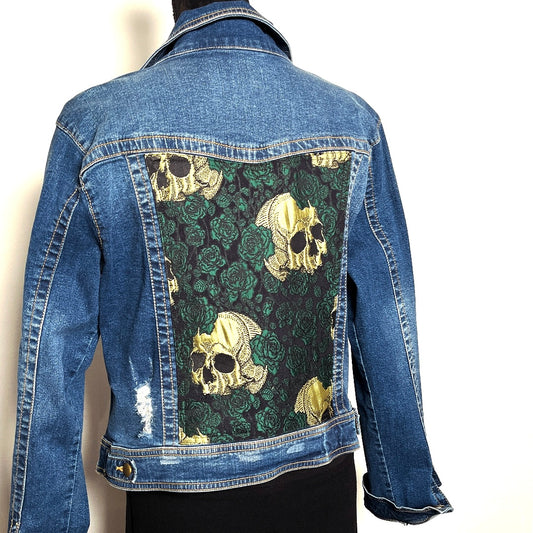 Upcycled denim jacket skulls and roses sustainable fashion made in melbourne 