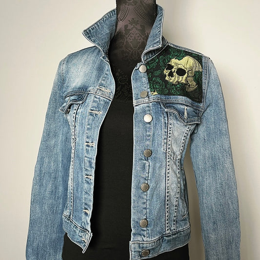 Upcycled denim jacket skulls and roses sustainable fashion made in melbourne 