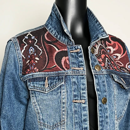 Eloise Upcycled - Denim Jacket - Luxe Wine Brocade