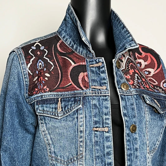 Eloise Upcycled - Denim Jacket - Luxe Wine Brocade