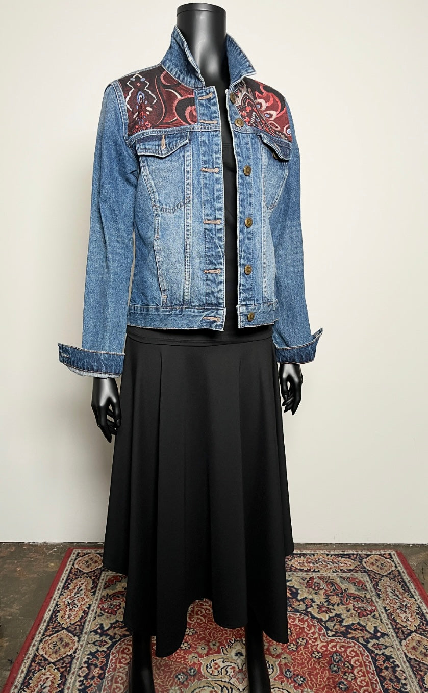 Eloise Upcycled - Denim Jacket - Luxe Wine Brocade