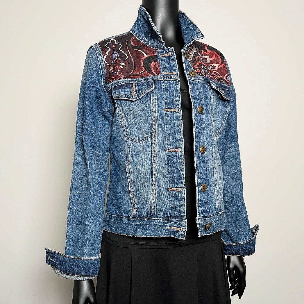 Eloise Upcycled - Denim Jacket - Luxe Wine Brocade