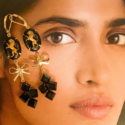 Velvet Whispers Earrings - Regal Lion And French Jet Crystals