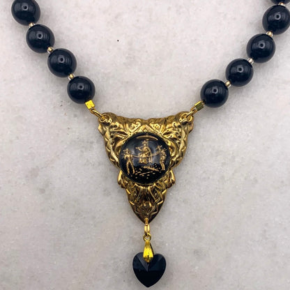 Gold cameo necklace on black onyx beads French jet heart Australian made jewellery Eloise the label