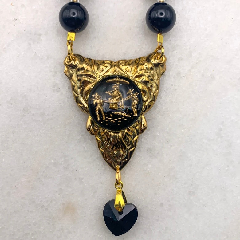 Gold cameo necklace on black onyx beads French jet heart Australian made jewellery Eloise the label