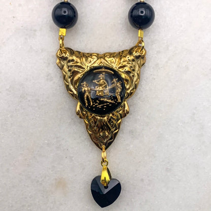 Gold cameo necklace on black onyx beads French jet heart Australian made jewellery Eloise the label