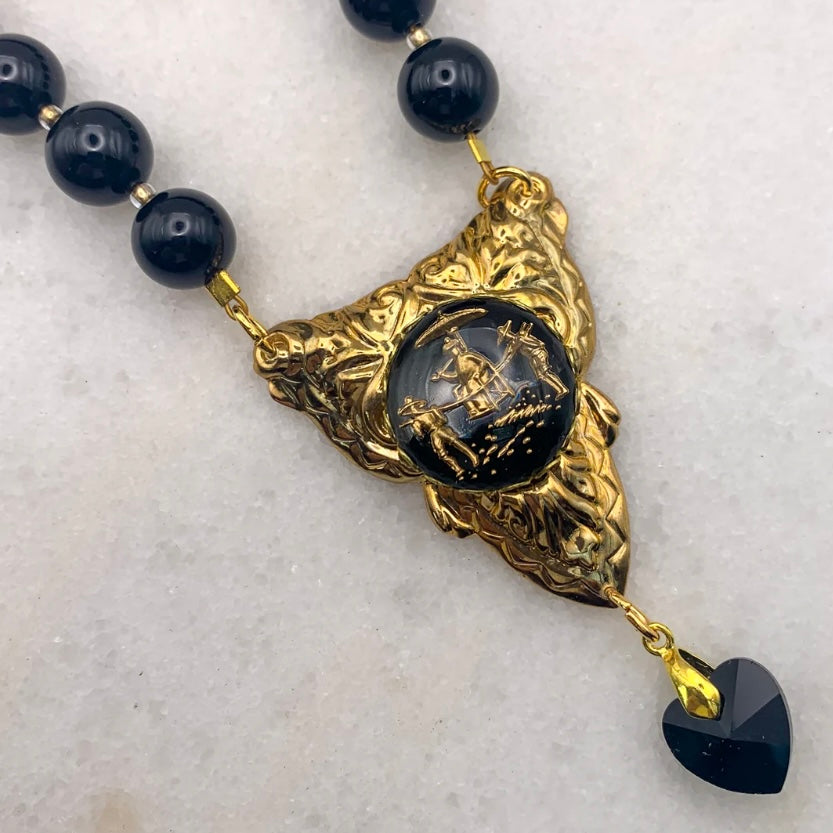 Gold cameo necklace on black onyx beads French jet heart Australian made jewellery Eloise the label