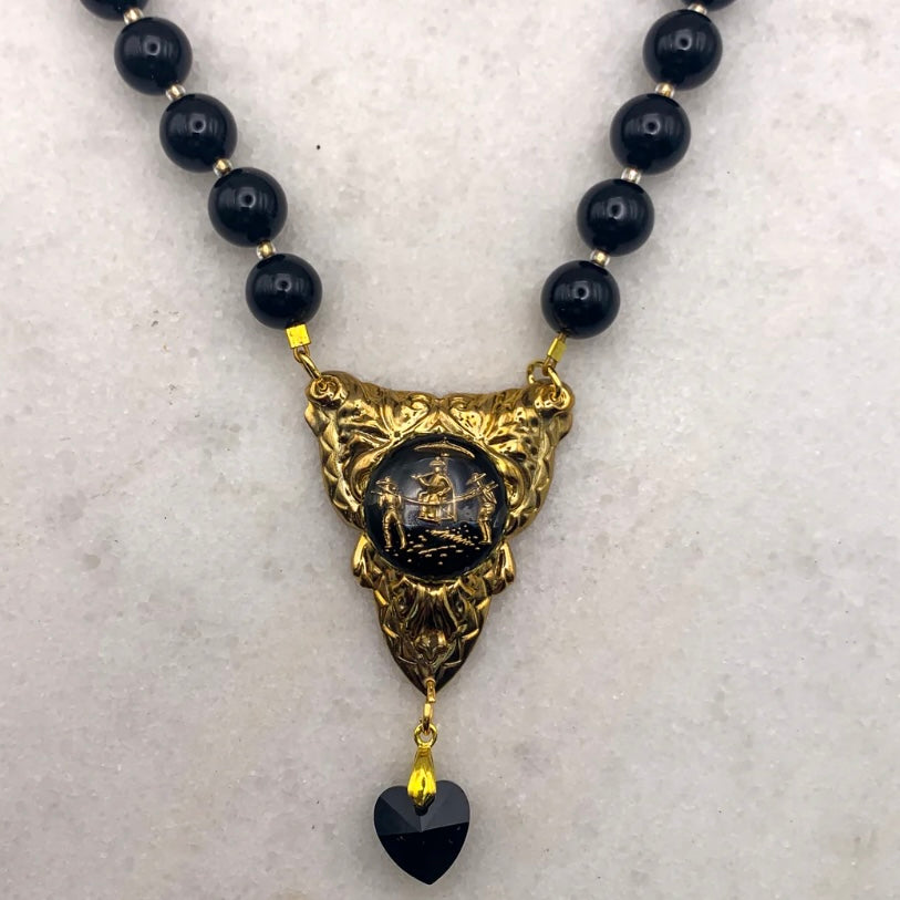 Gold cameo necklace on black onyx beads French jet heart Australian made jewellery Eloise the label