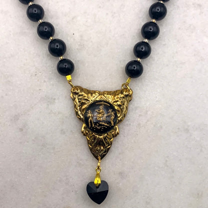 Gold cameo necklace on black onyx beads French jet heart Australian made jewellery Eloise the label