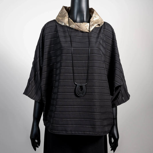 Black stripe evening top with gold floral organza high collar Australian made Eloise the label