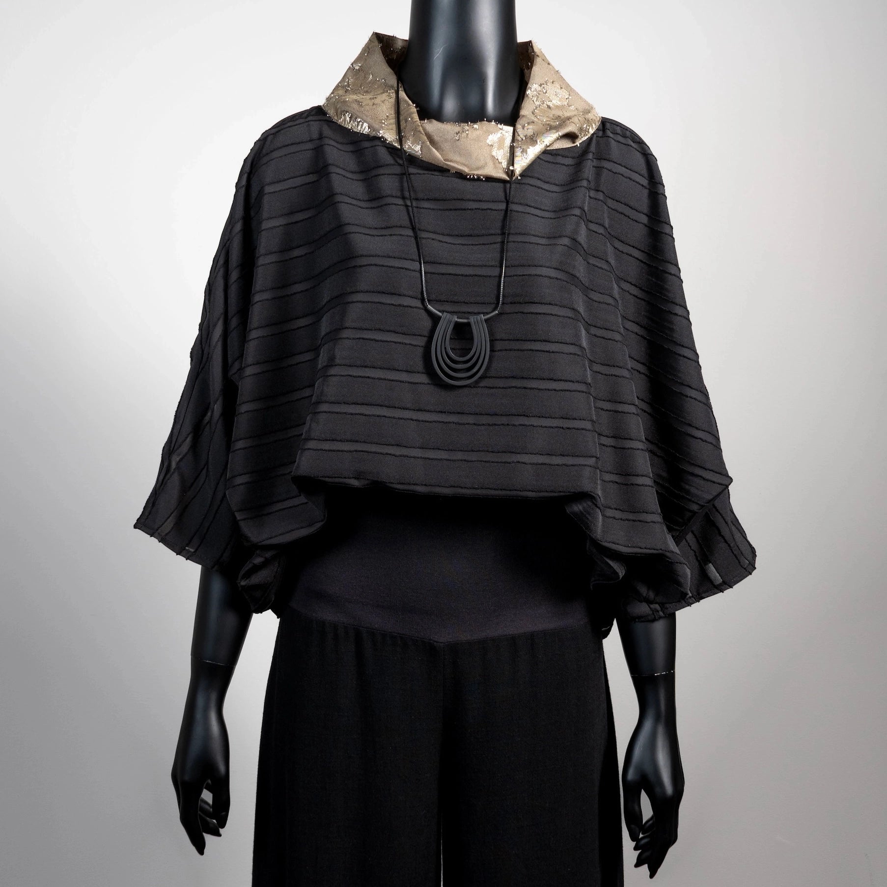 Black stripe evening top with gold floral organza high collar Australian made Eloise the label