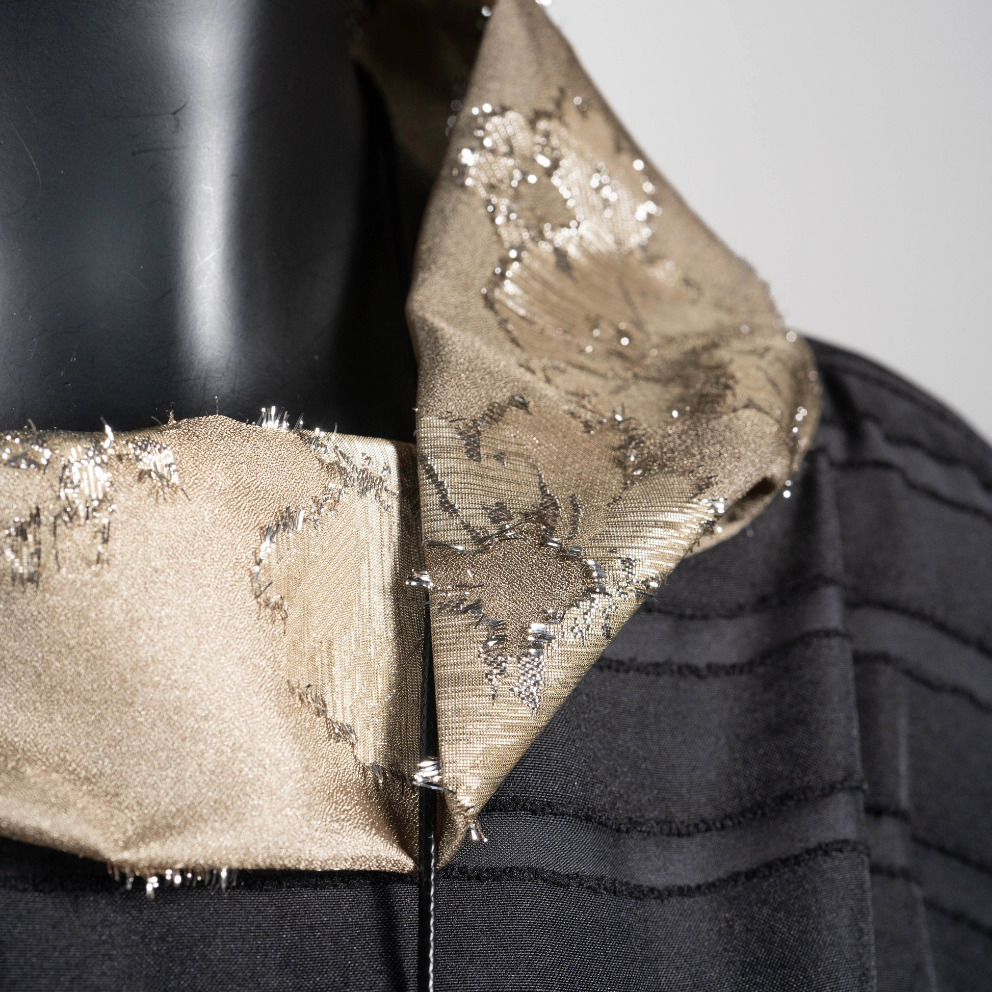 Black stripe evening top with gold floral organza high collar Australian made Eloise the label