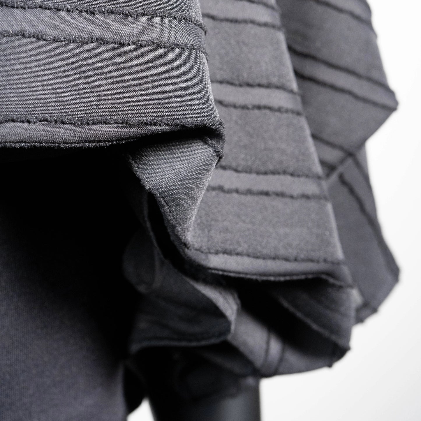 Black stripe evening top with gold floral organza high collar Australian made Eloise the label