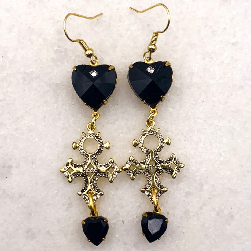 Gold cross earrings french jet hearts crystals Australian made jewellery Eloise the label