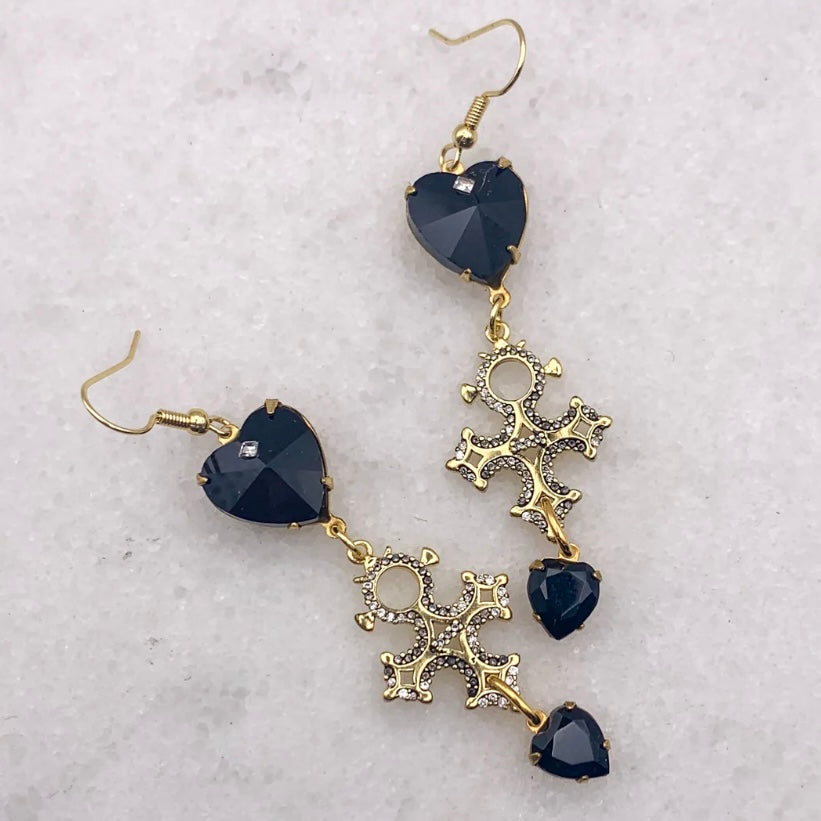 Gold cross earrings french jet hearts crystals Australian made jewellery Eloise the label