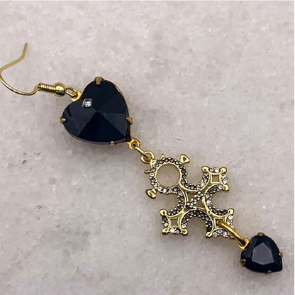 Gold cross earrings french jet hearts crystals Australian made jewellery Eloise the label