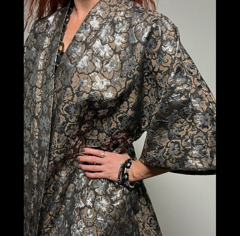 Audrey Swing Coat - One Of A Kind - Coffee & silver floral brocade