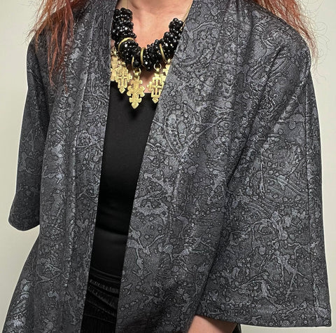 silver grey paisley jacket brocade evening coat one of a kind womens jacket swing coat ladies clothing stylish clothing handmade in melbourne classy elegant clothing timeless pieces timeless clothing classic style unique clothing unique style ageless style luxe fabrics statement clothing statement style evening style clothing womens clothing made in australia eloise the label
