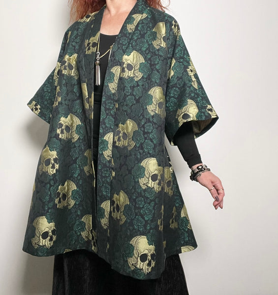 skulls and roses jacket jacquard evening coat one of a kind womens jacket swing coat ladies clothing stylish clothing handmade in melbourne classy elegant clothing timeless pieces timeless clothing classic style unique clothing unique style ageless style luxe fabrics statement clothing statement style evening style clothing womens clothing made in australia eloise the label