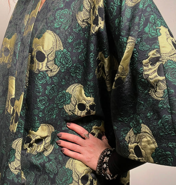 skulls and roses jacket jacquard evening coat one of a kind womens jacket swing coat ladies clothing stylish clothing handmade in melbourne classy elegant clothing timeless pieces timeless clothing classic style unique clothing unique style ageless style luxe fabrics statement clothing statement style evening style clothing womens clothing made in australia eloise the label