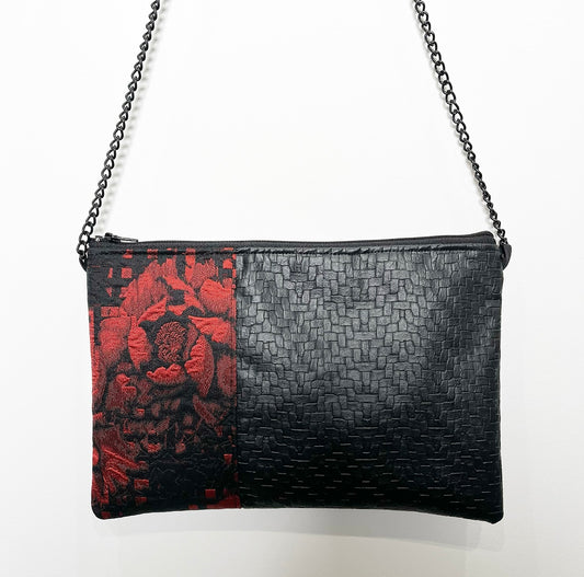 red jacquard brocade bag handmade in melbourne shoulder bag evening purse fabric bag stylish bag unique bag statement accessories australian made bags eloise the label