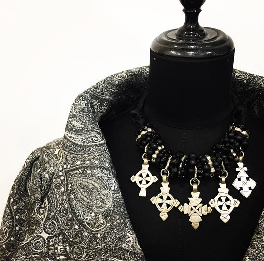 Bullets to beauty necklace in silver with black silk tie