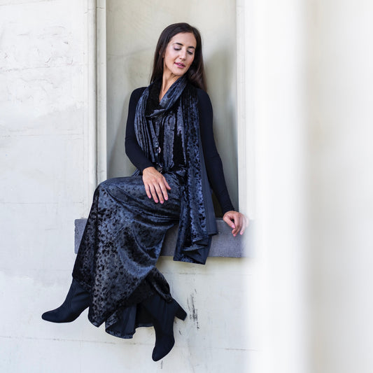 womens velvet wrap ladies apparel stylish clothing handmade in melbourne classy elegant clothing timeless pieces timeless clothing classic style unique clothing unique style ageless style luxe fabrics statement clothing statement style evening style clothing black womens clothing made in australia eloise the label