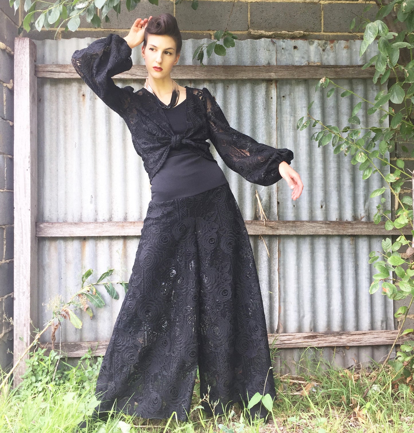black lace ladies top  feature sleeve tie front floral ladies apparel stylish clothing handmade in melbourne classy elegant clothing timeless pieces timeless clothing classic style unique clothing unique style ageless style luxe fabrics statement clothing statement style evening style clothing womens clothing made in australia eloise the label