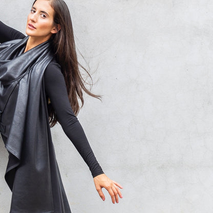 black faux leather wrap ladies apparel stylish clothing handmade in melbourne classy elegant clothing timeless pieces timeless clothing classic style unique clothing unique style ageless style luxe fabrics statement clothing statement style evening style clothing black womens clothing made in australia eloise the label