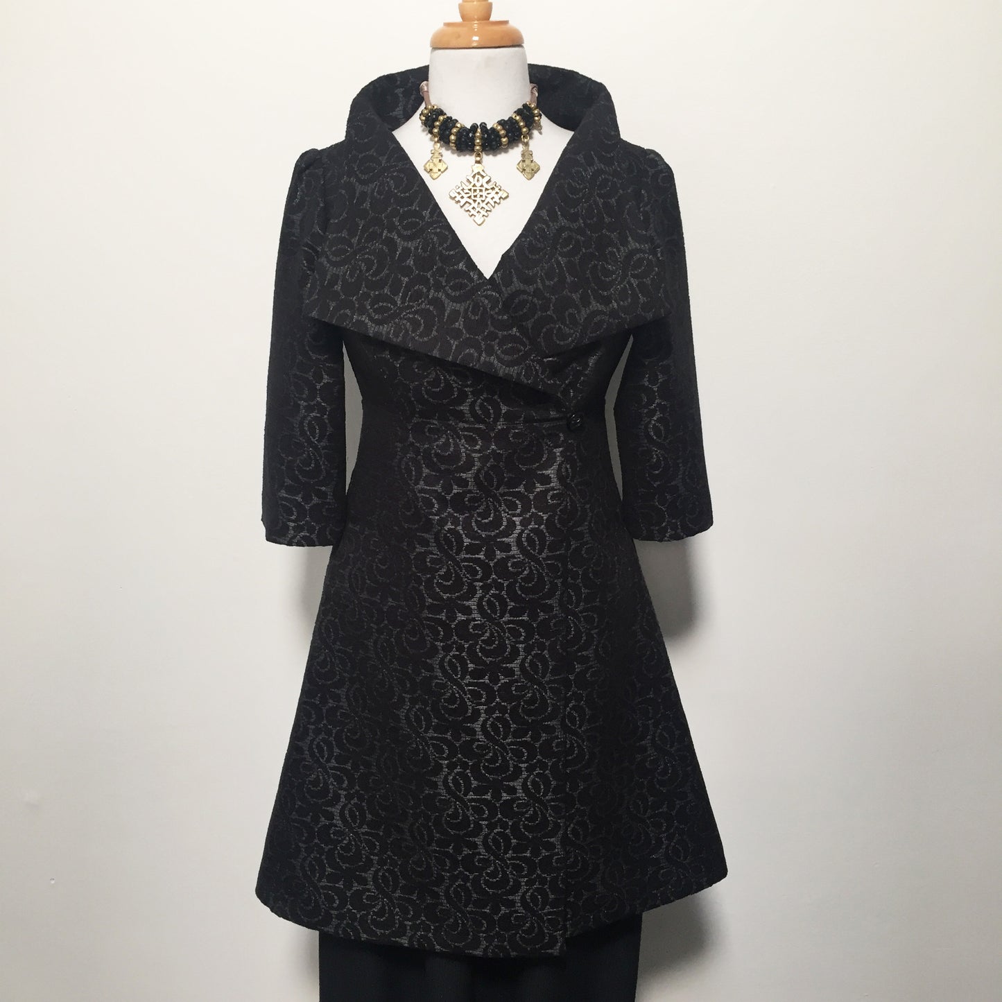 black jacquard coat dress ladies apparel stylish clothing handmade in melbourne classy elegant clothing timeless pieces timeless clothing classic style unique clothing unique style ageless style luxe fabrics statement clothing statement style evening style clothing floral jacquard jacket womens clothing made in australia eloise the label