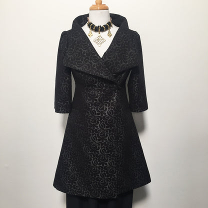 black jacquard coat dress ladies apparel stylish clothing handmade in melbourne classy elegant clothing timeless pieces timeless clothing classic style unique clothing unique style ageless style luxe fabrics statement clothing statement style evening style clothing floral jacquard jacket womens clothing made in australia eloise the label
