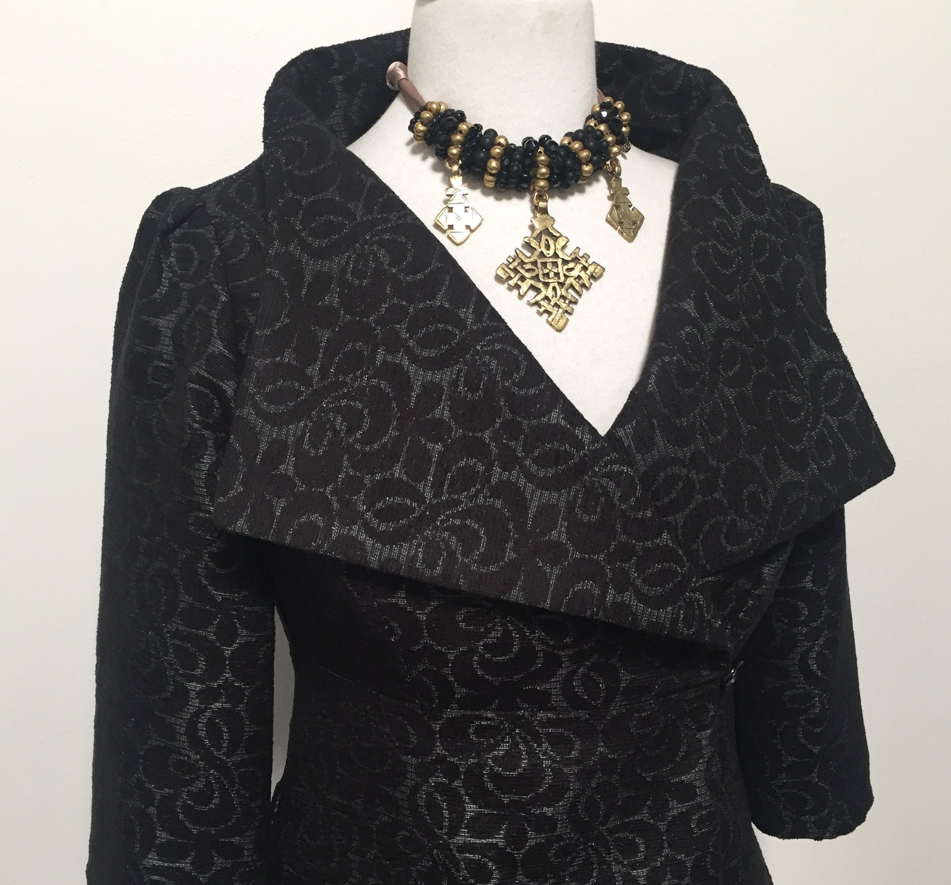 black jacquard coat dress ladies apparel stylish clothing handmade in melbourne classy elegant clothing timeless pieces timeless clothing classic style unique clothing unique style ageless style luxe fabrics statement clothing statement style evening style clothing floral jacquard jacket womens clothing made in australia eloise the label