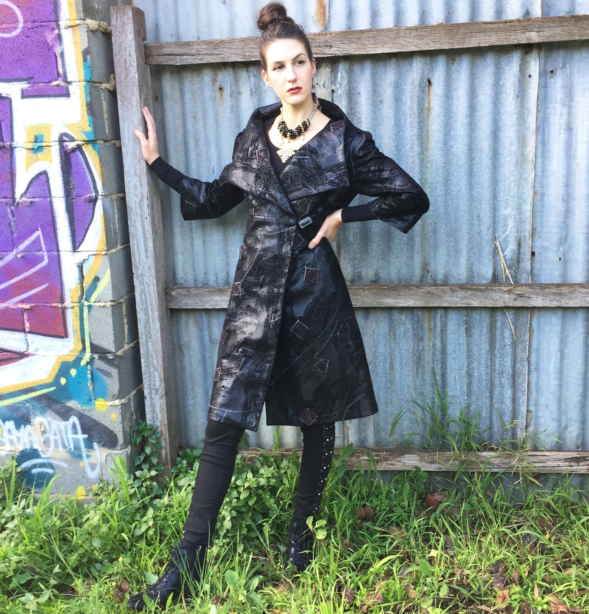 womens coat dress ladies apparel stylish clothing handmade in melbourne classy elegant clothing timeless pieces timeless clothing classic style unique clothing unique style ageless style luxe fabrics statement clothing statement style evening style clothing black faux leather jacket womens clothing made in australia eloise the label