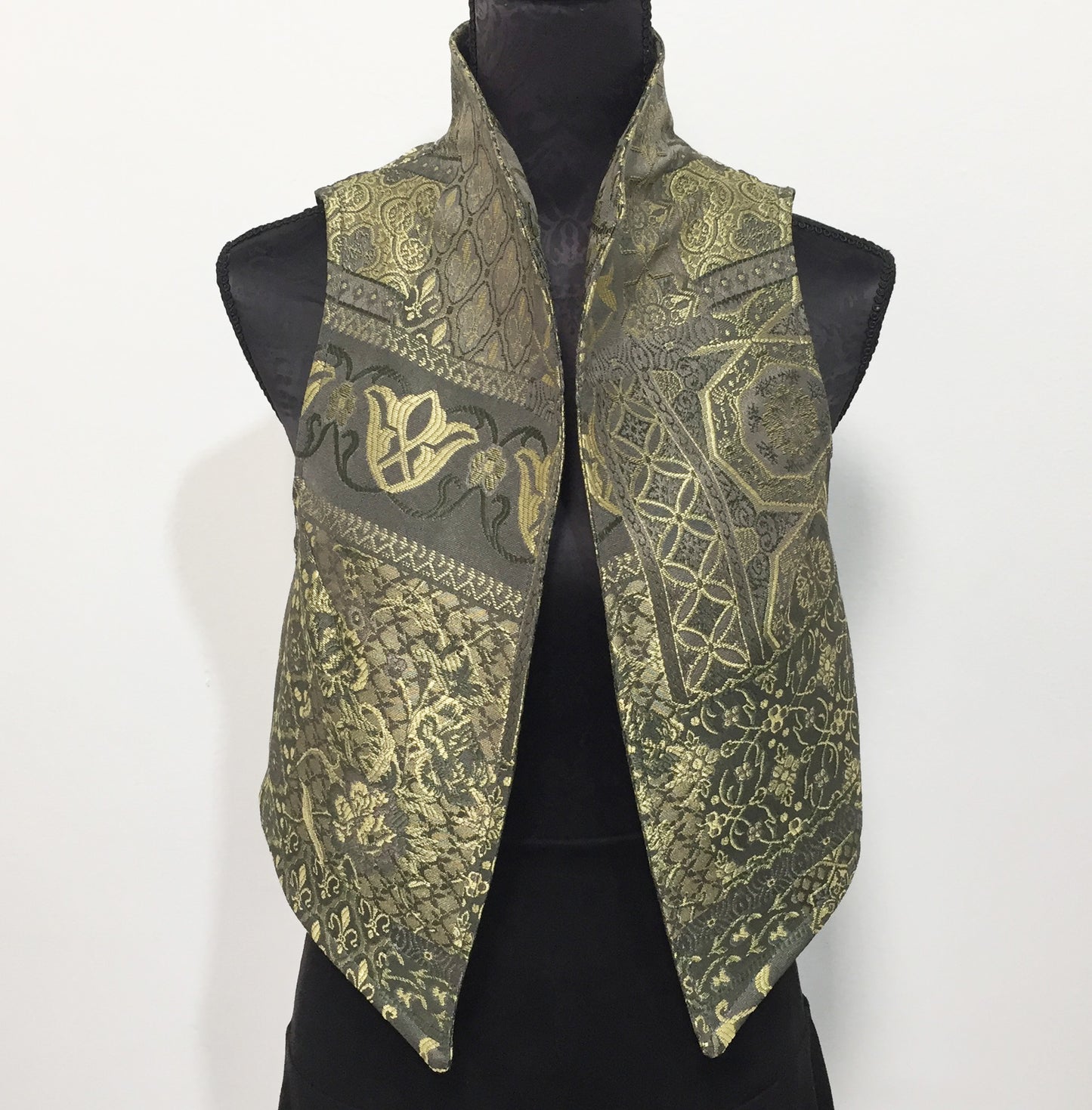Brocade Vest in olive tapestry  ladies apparel stylish clothing handmade in melbourne classy elegant clothing timeless pieces ageless style luxe fabrics australian made womens clothing unique clothing eloise the label 