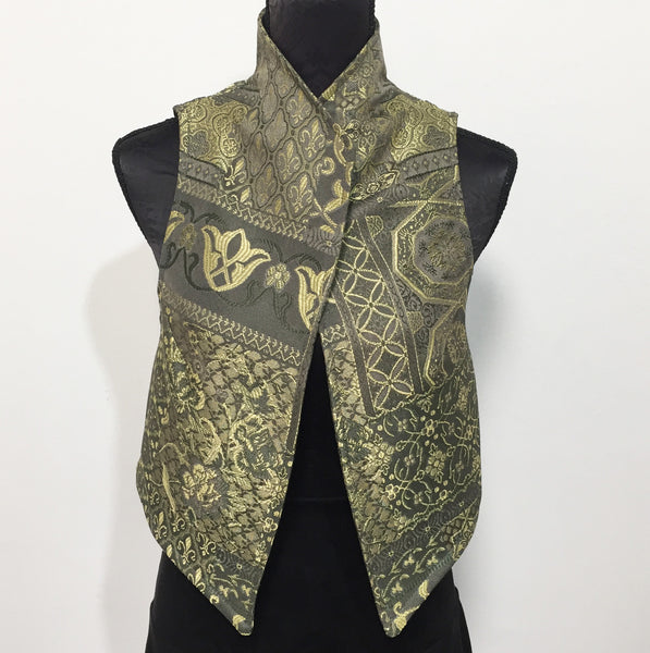 Brocade Vest in olive tapestry ladies apparel stylish clothing handmade in melbourne classy elegant clothing timeless pieces ageless style luxe fabrics australian made womens clothing unique clothing