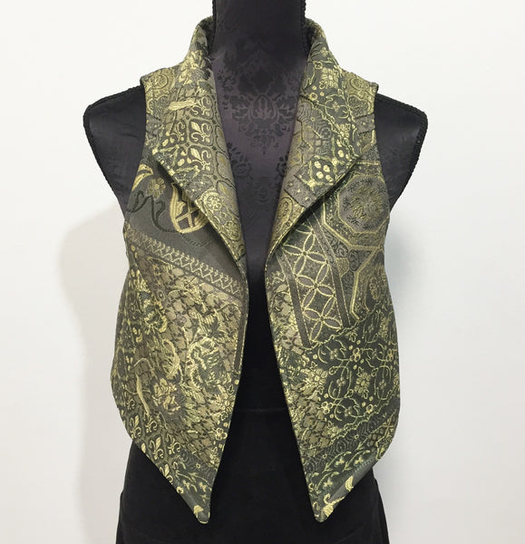 Brocade Vest in olive tapestry ladies apparel stylish clothing handmade in melbourne classy elegant clothing timeless pieces ageless style luxe fabrics australian made womens clothing unique clothing