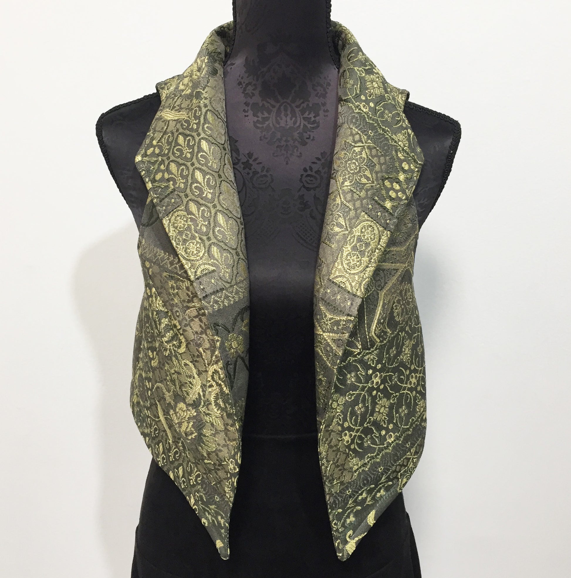 Brocade Vest in olive tapestry ladies apparel stylish clothing handmade in melbourne classy elegant clothing timeless pieces ageless style luxe fabrics australian made womens clothing unique clothing