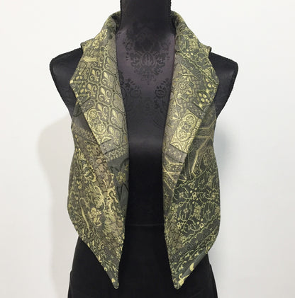 Brocade Vest in olive tapestry ladies apparel stylish clothing handmade in melbourne classy elegant clothing timeless pieces ageless style luxe fabrics australian made womens clothing unique clothing