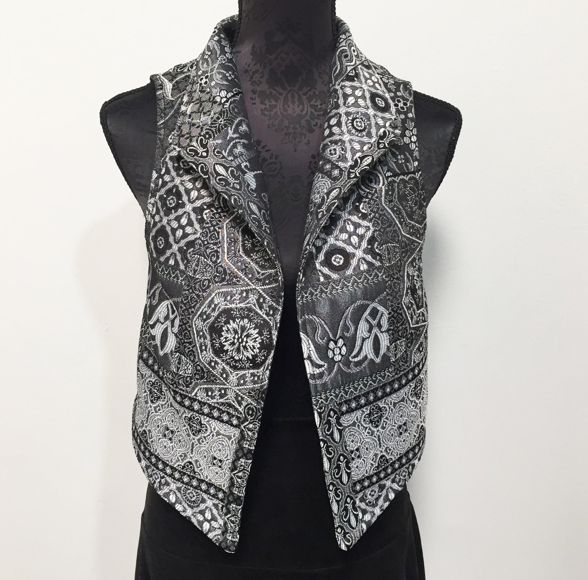brocade vest ladies apparel stylish clothing handmade in melbourne classy elegant clothing timeless pieces timeless clothing classic style unique clothing unique style ageless style luxe fabrics statement clothing statement style evening style clothing floral vest stand up collar womens clothing made in australia eloise the label