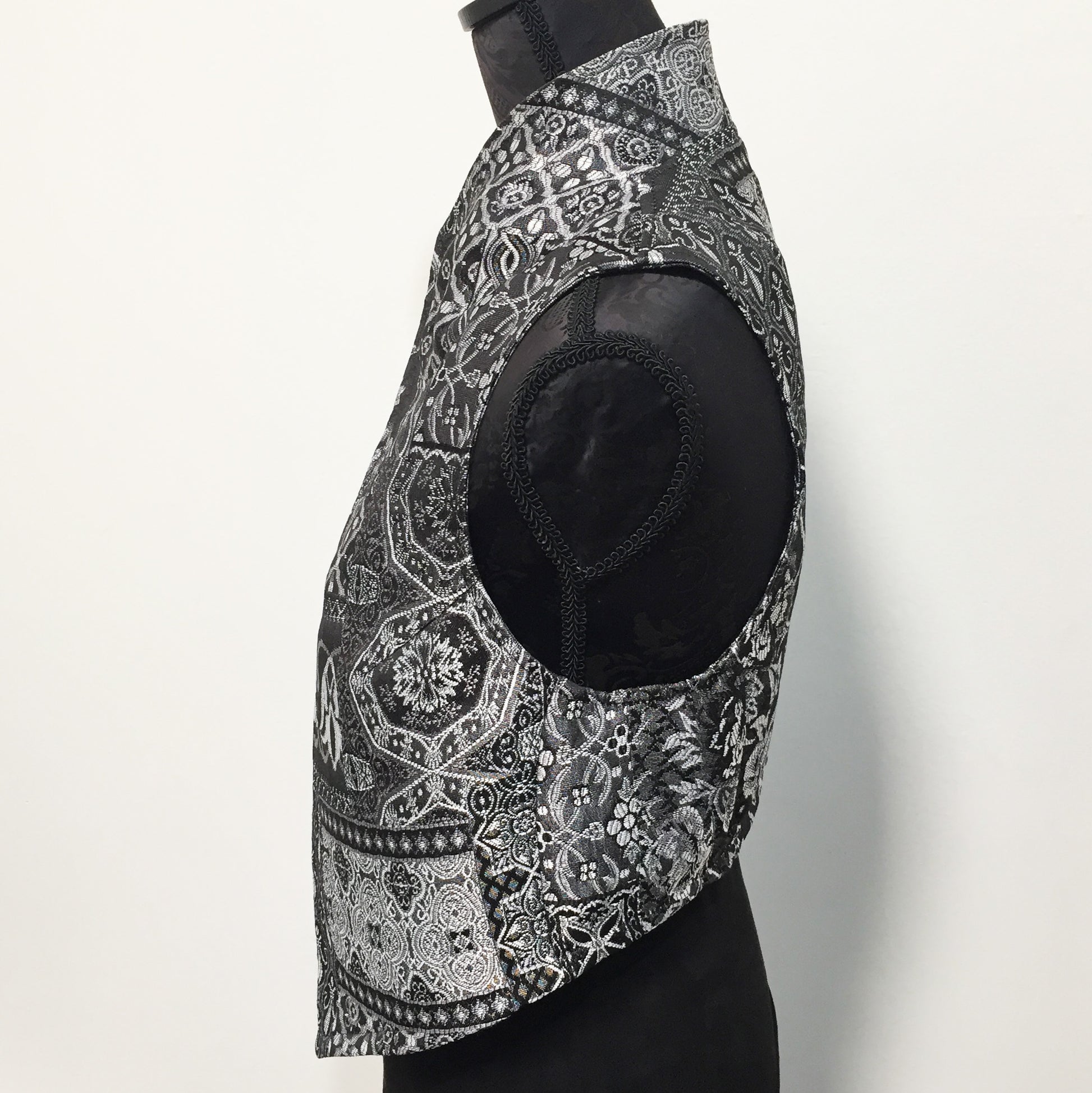brocade vest ladies apparel stylish clothing handmade in melbourne classy elegant clothing timeless pieces timeless clothing classic style unique clothing unique style ageless style luxe fabrics statement clothing statement style evening style clothing floral vest stand up collar womens clothing made in australia eloise the label