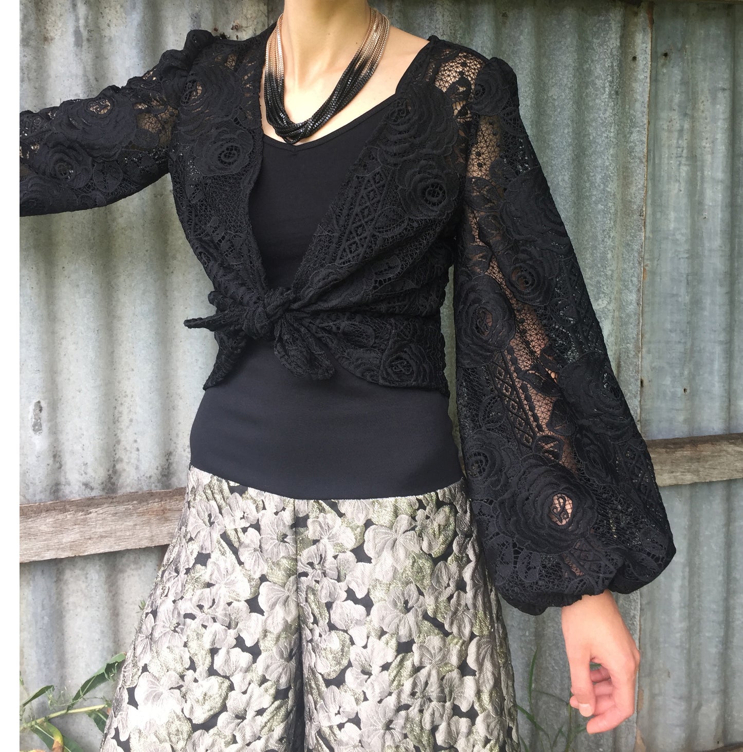 black lace ladies top feature sleeve tie front floral ladies apparel stylish clothing handmade in melbourne classy elegant clothing timeless pieces timeless clothing classic style unique clothing unique style ageless style luxe fabrics statement clothing statement style evening style clothing womens clothing made in australia eloise the label