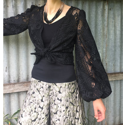 black lace ladies top feature sleeve tie front floral ladies apparel stylish clothing handmade in melbourne classy elegant clothing timeless pieces timeless clothing classic style unique clothing unique style ageless style luxe fabrics statement clothing statement style evening style clothing womens clothing made in australia eloise the label