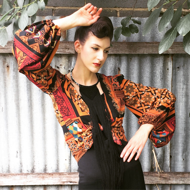 bright print tie front top ladies top feature sleeve ladies apparel stylish clothing handmade in melbourne classy elegant clothing timeless pieces timeless clothing classic style unique clothing unique style ageless style luxe fabrics statement clothing statement style evening style clothing womens clothing made in australia eloise the label