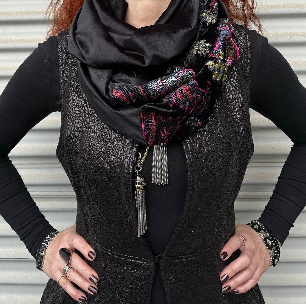 Eloise the label luxe black infinity scarf with embroider feature