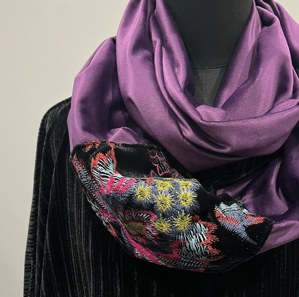 Eloise the label luxe velevt infinty scarf in purple with embroider faeture