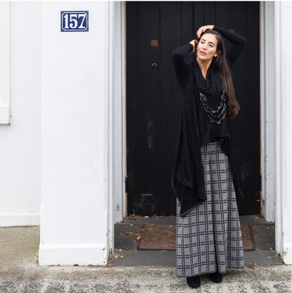 palazzo pant flare pant plaid pants ladies apparel high waisted pant stylish clothing handmade in melbourne classy elegant clothing timeless pieces timeless clothing classic style unique clothing unique style ageless style luxe fabrics statement clothing statement style evening style clothing womens clothing made in australia eloise the label