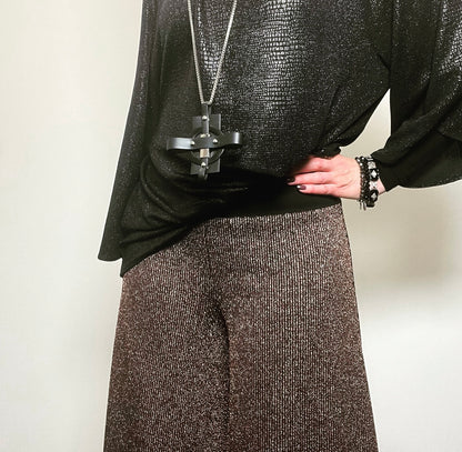 palazzo pant flare pant bronze lurex pants ladies apparel high waisted pant stylish clothing handmade in melbourne classy elegant clothing timeless pieces timeless clothing classic style unique clothing unique style ageless style luxe fabrics statement clothing statement style evening style clothing womens clothing made in australia eloise the label