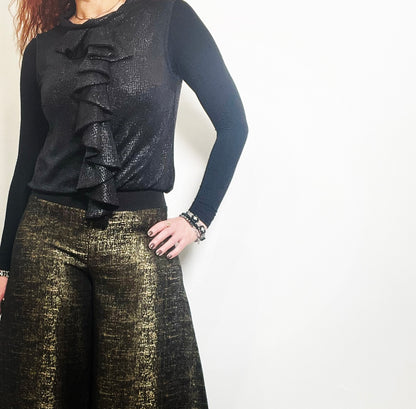 palazzo pant flare pant gold pants ladies apparel high waisted pant stylish clothing handmade in melbourne classy elegant clothing timeless pieces timeless clothing classic style unique clothing unique style ageless style luxe fabrics statement clothing statement style evening style clothing womens clothing made in australia eloise the label